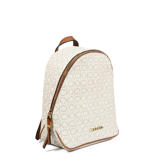 Calvin Klein Mono Backpack – White/Cream Signature Logo Faux Leather