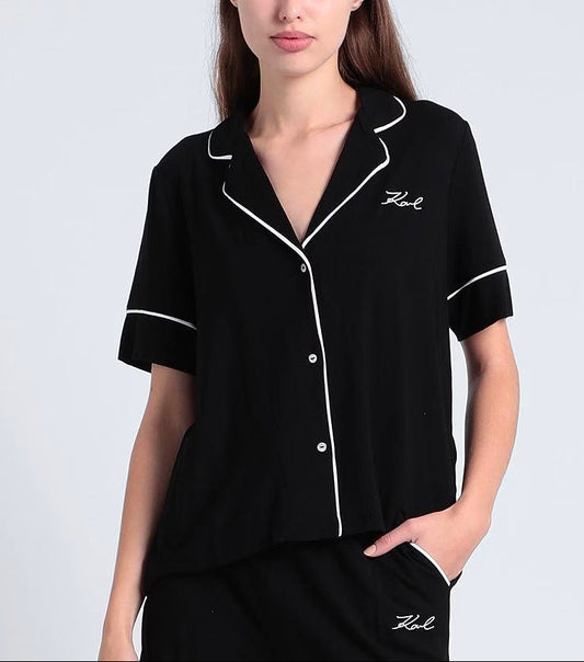 Karl Lagerfeld Logo Contrast Trim Pajama Set For Women - Black