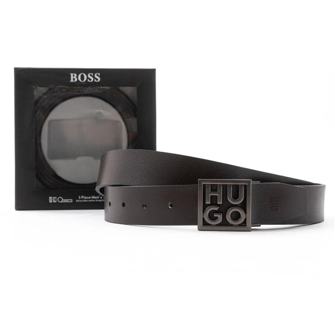 Hugo Boss Monogram Logo Reversible Leather Belt – Black/Brown